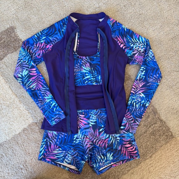 Holipick Other - Holipick Women 3 Piece Rash Guard Swimsuit Set Tropical Palm Print Blue Purple S